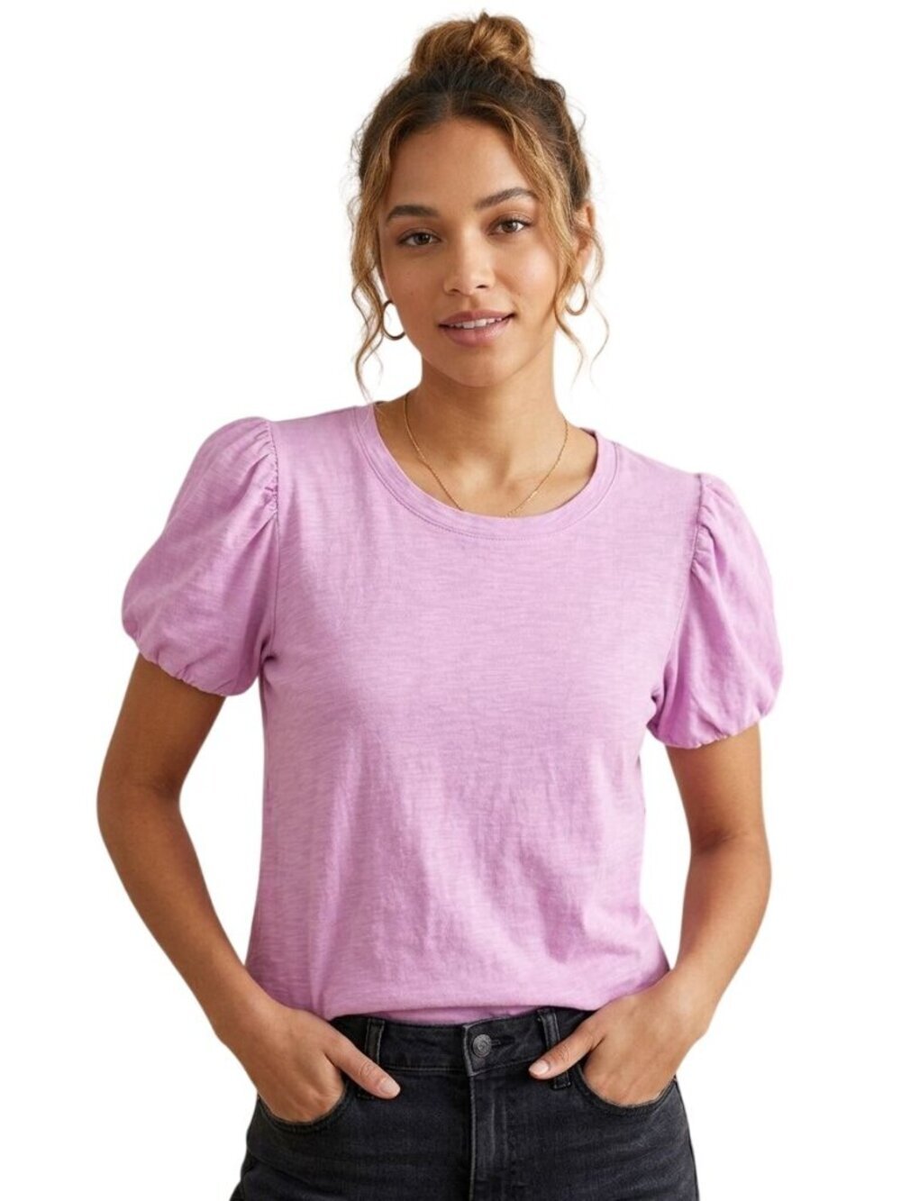 Jane + Delancey Pink Puff Sleeve Sustainable Cotton Top Size S